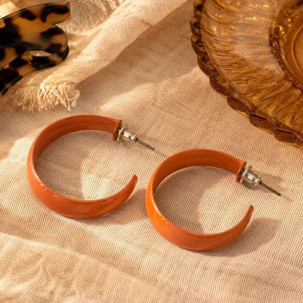 Vintage Orange Enamel Metal Hoop Earrings Wide Chunky Retro 80s 1.5”